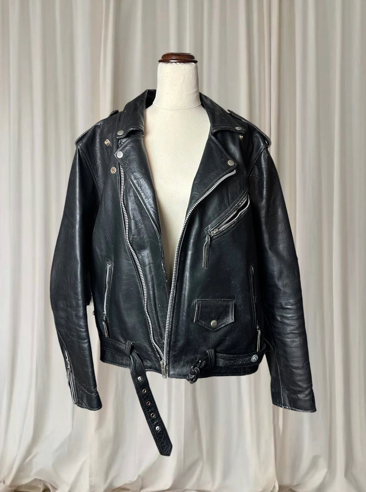 Vintage Leather Motorcycle Biker Jacket - Classic Black Genuine Leather L - Image 2