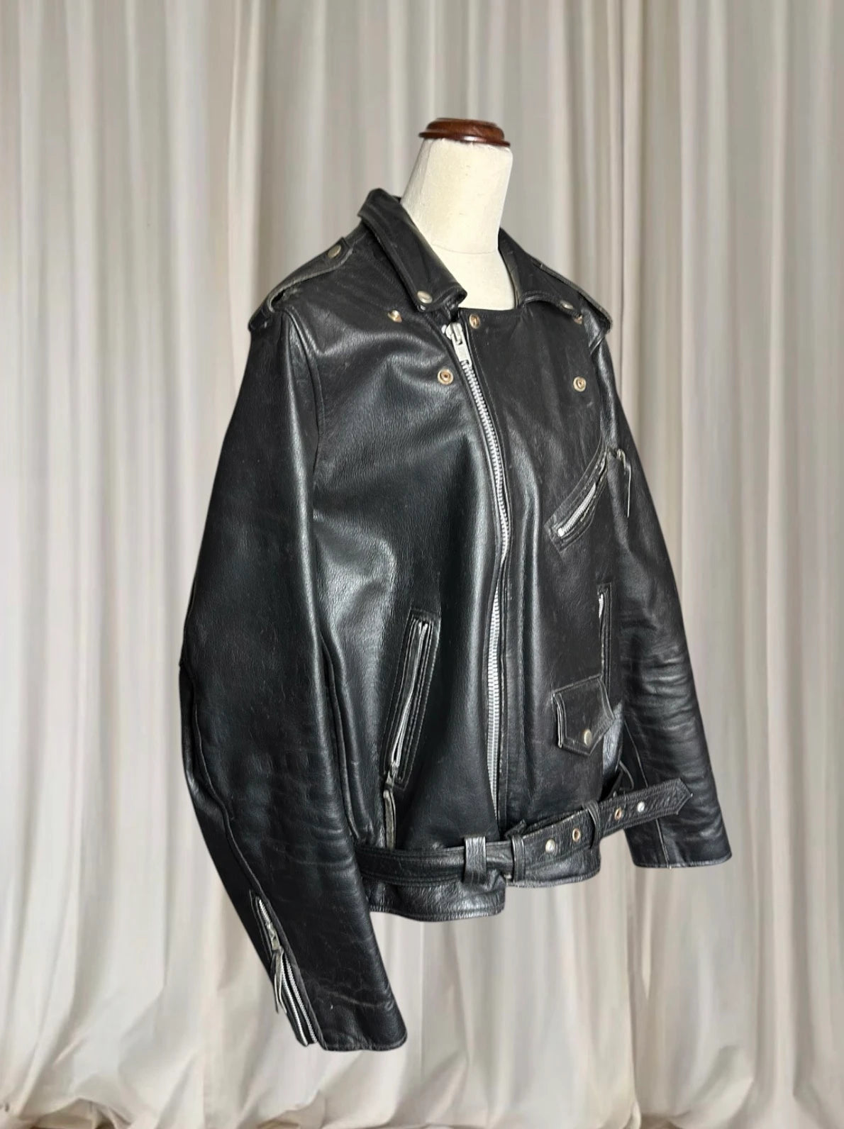 Vintage Leather Motorcycle Biker Jacket - Classic Black Genuine Leather L - Image 4