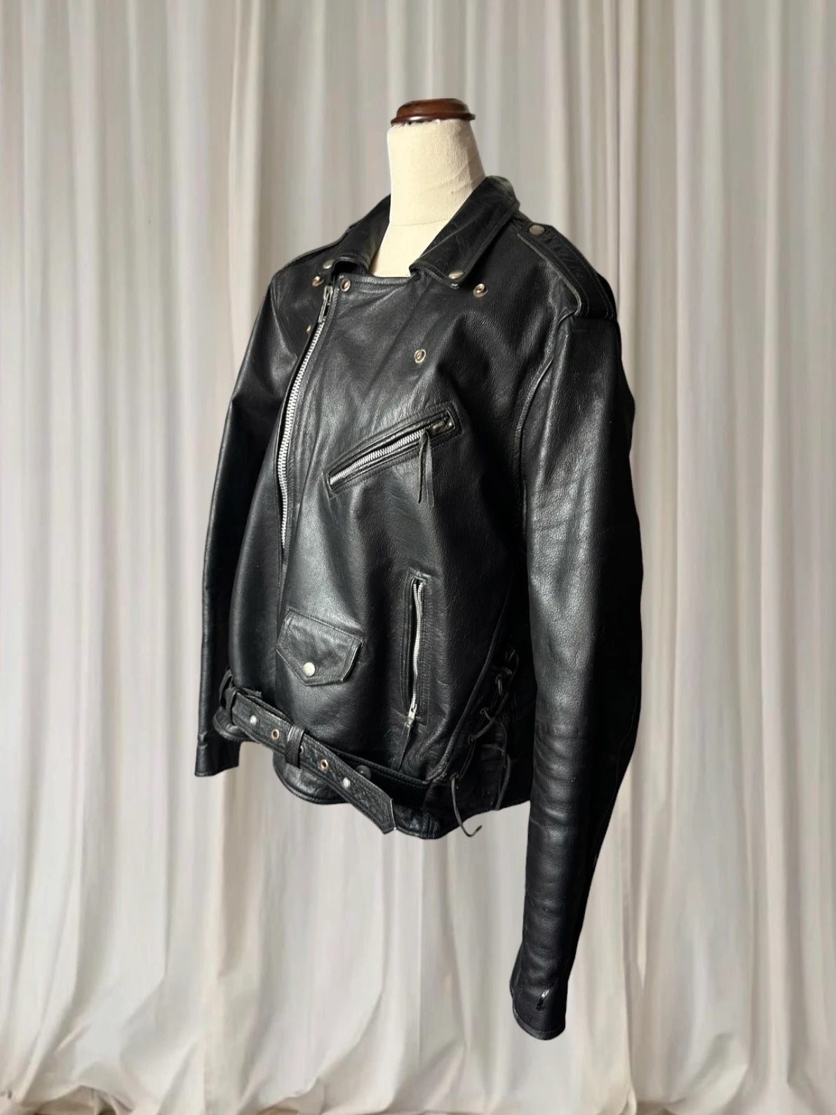 Vintage Leather Motorcycle Biker Jacket - Classic Black Genuine Leather L - Image 5