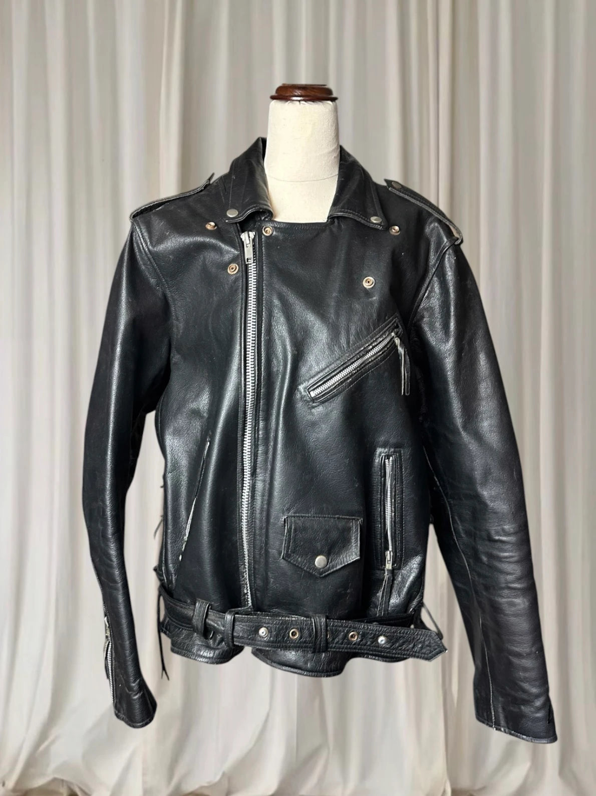 Vintage Leather Motorcycle Biker Jacket - Classic Black Genuine Leather L - Image 3