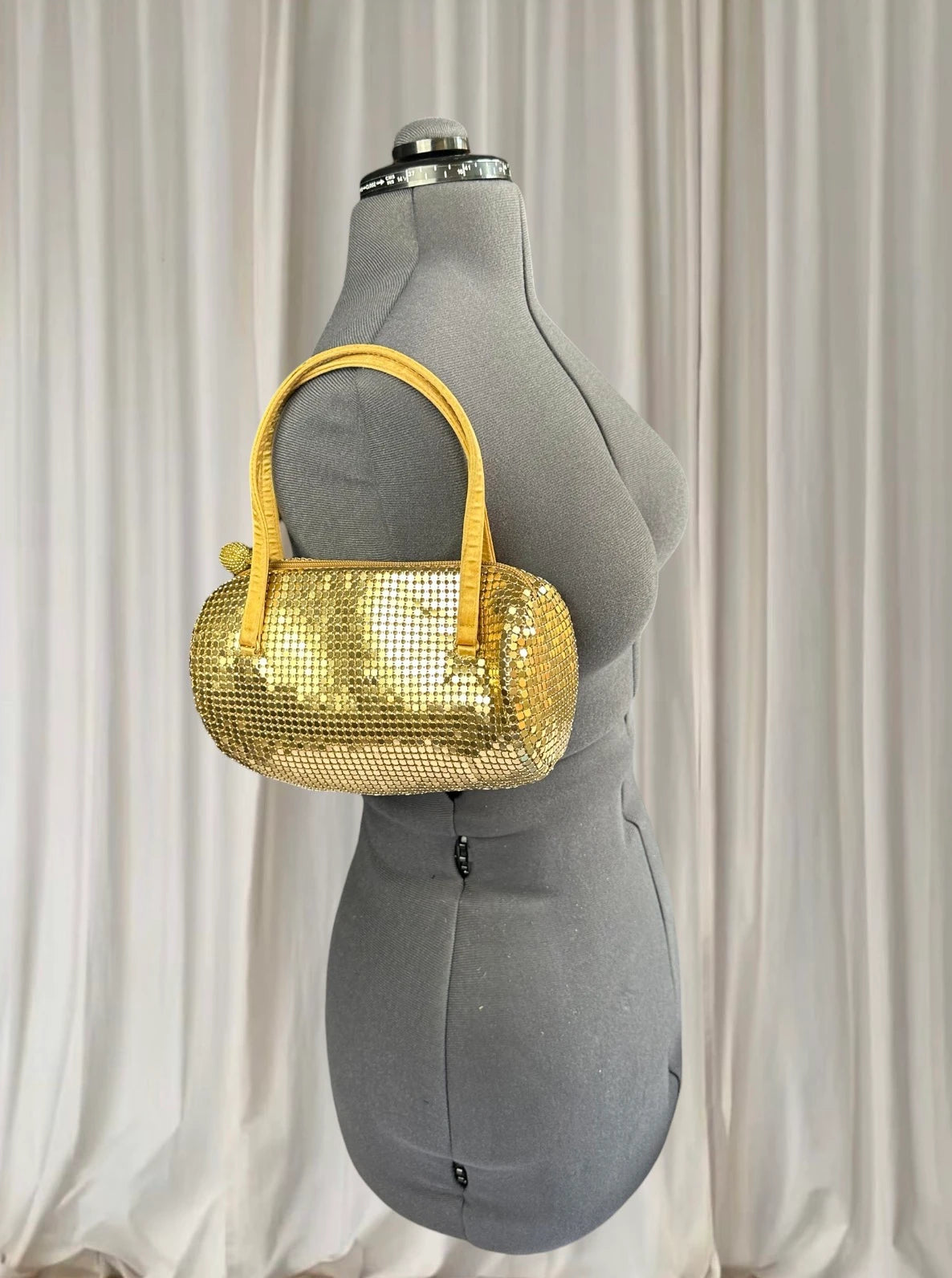 Vintage Jane Shilton 80s Gold Mesh Barrel Handbag - Elegant Evening Purse - Image 1
