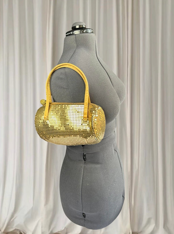 Vintage Jane Shilton 80s Gold Mesh Barrel Handbag - Elegant Evening Purse - Image 1