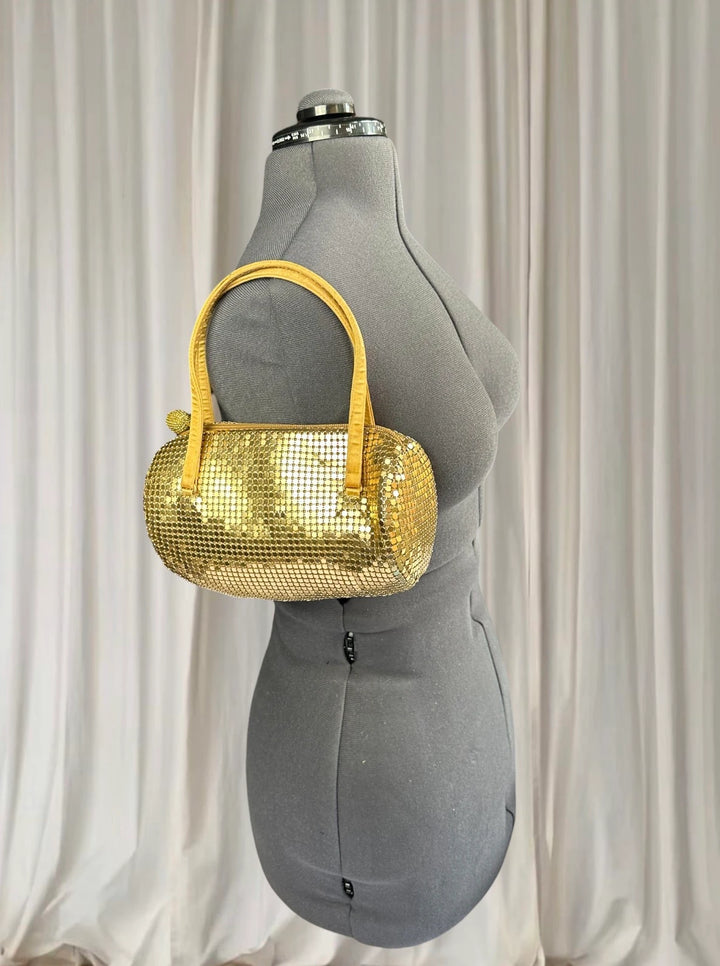Vintage Jane Shilton 80s Gold Mesh Barrel Handbag - Elegant Evening Purse - Image 1