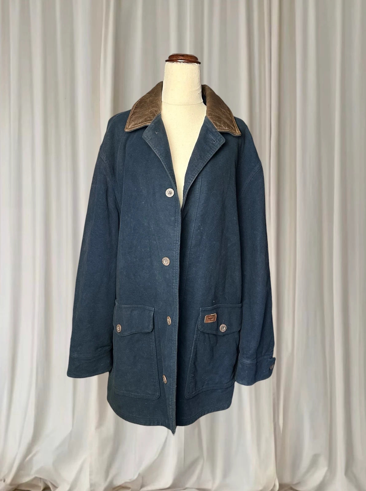 R.M.Williams Vintage Barn Coat - Navy With Leather Collar L - Image 2