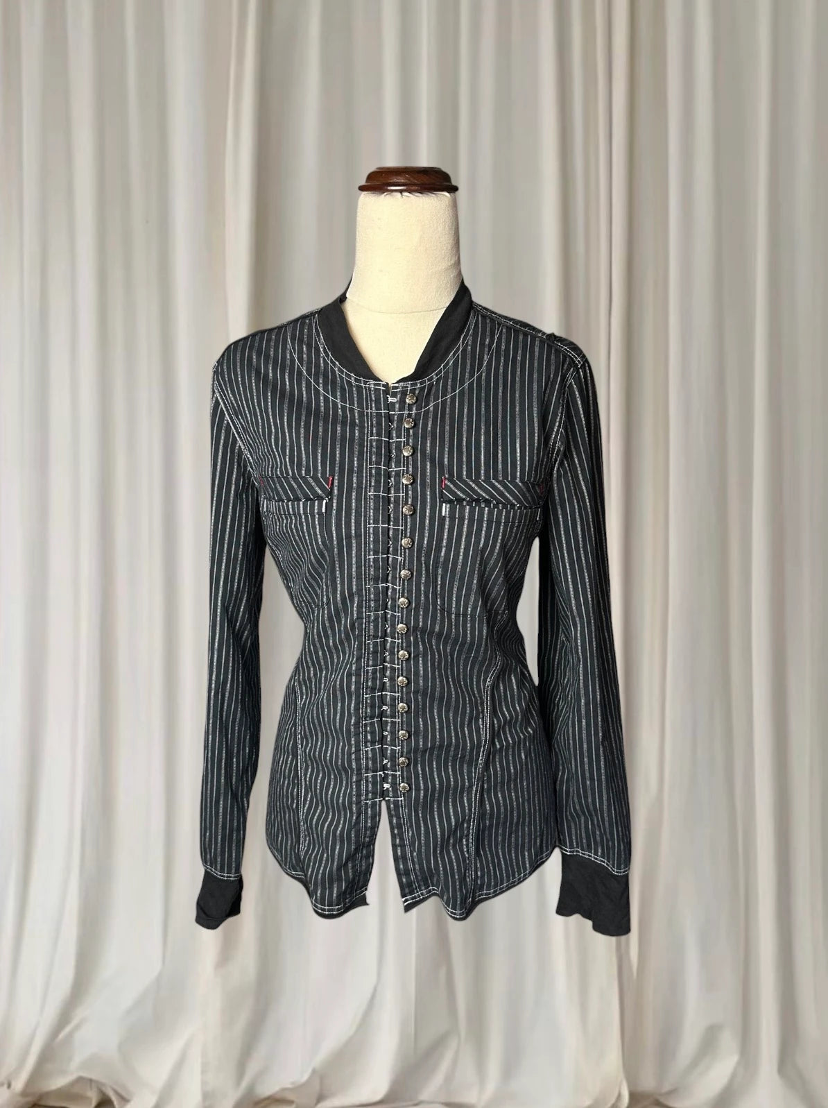 Verge Punk Grunge PinStriped Blouse - Hook and Eye Front Detail M - Image 1