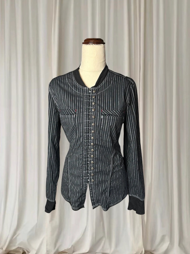 Verge Punk Grunge PinStriped Blouse - Hook and Eye Front Detail M - Image 1