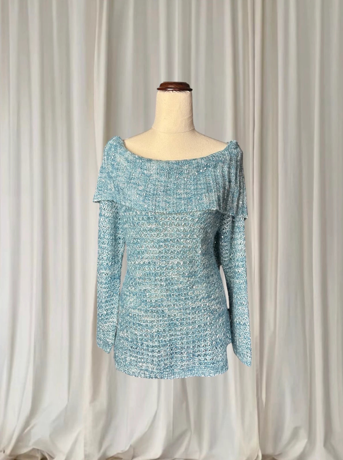 Metallic Off-the-Shoulder Knit Sweater - Blue Silver Women's M - Image 1