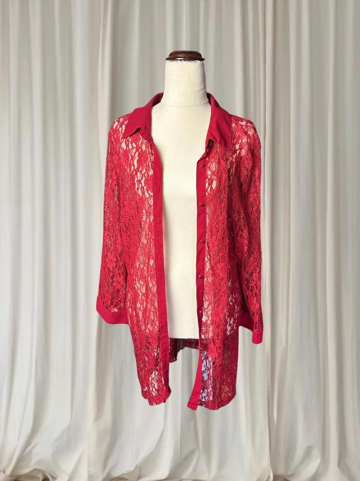 Vintage Sheer Button-Down Shirt - Elegant Red Floral Lace AU16 - Image 3