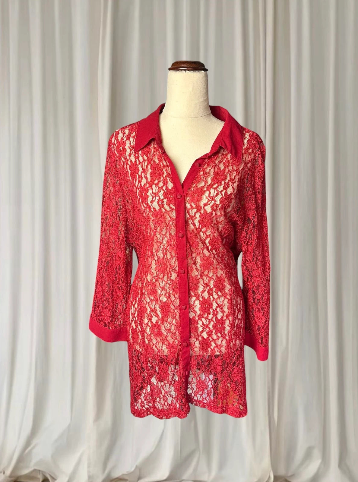 Vintage Sheer Button-Down Shirt - Elegant Red Floral Lace AU16 - Image 1