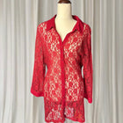 Vintage Sheer Button-Down Shirt - Elegant Red Floral Lace AU16 - Image 1