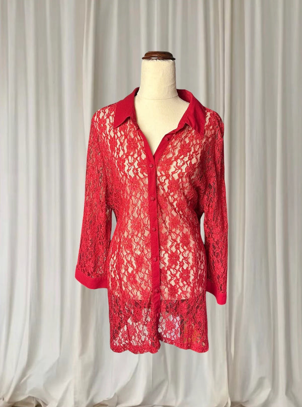Vintage Sheer Button-Down Shirt - Elegant Red Floral Lace AU16 - Image 1