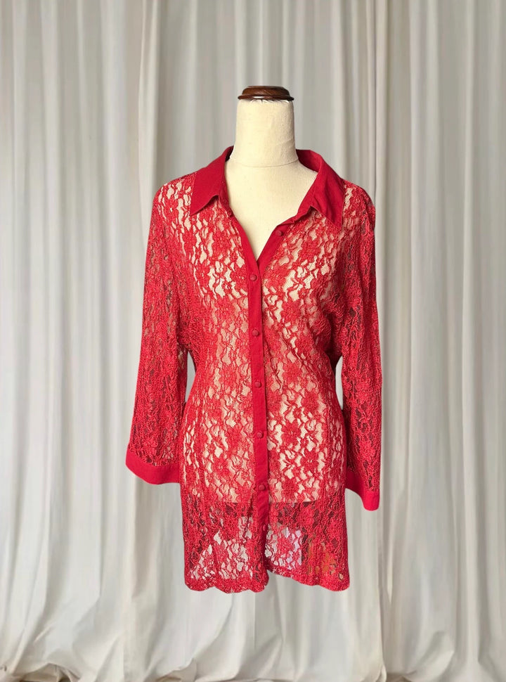 Vintage Sheer Button-Down Shirt - Elegant Red Floral Lace AU16 - Image 1