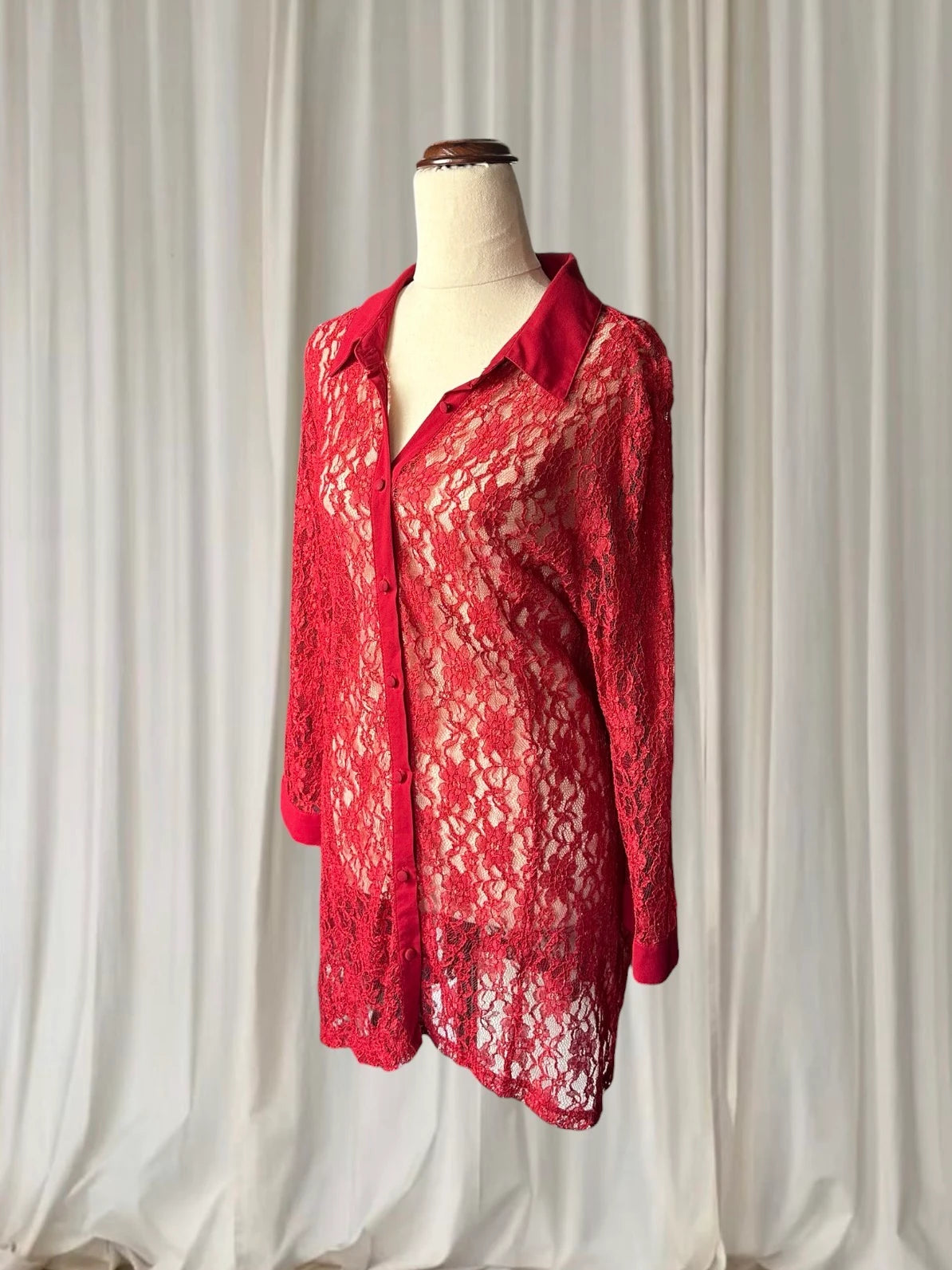 Vintage Sheer Button-Down Shirt - Elegant Red Floral Lace AU16 - Image 4