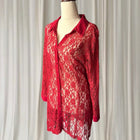 Vintage Sheer Button-Down Shirt - Elegant Red Floral Lace AU16 - Image 4