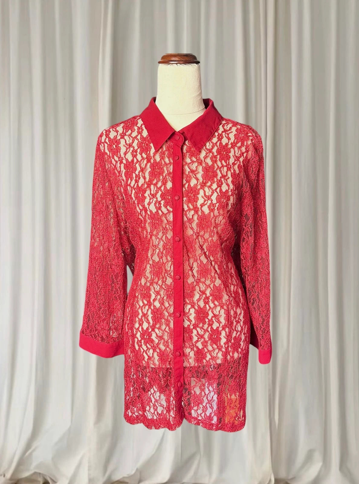 Vintage Sheer Button-Down Shirt - Elegant Red Floral Lace AU16 - Image 2