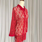 Vintage Sheer Button-Down Shirt - Elegant Red Floral Lace AU16 - Image 5
