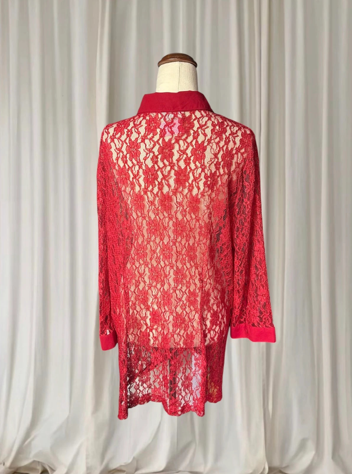 Vintage Sheer Button-Down Shirt - Elegant Red Floral Lace AU16 - Image 6