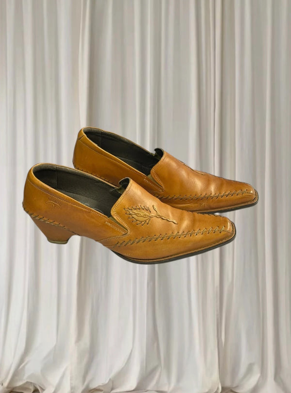 Pikolinos Leather Western Loafer Heel Boots - Tan Embroidered Block Heel - Image 1