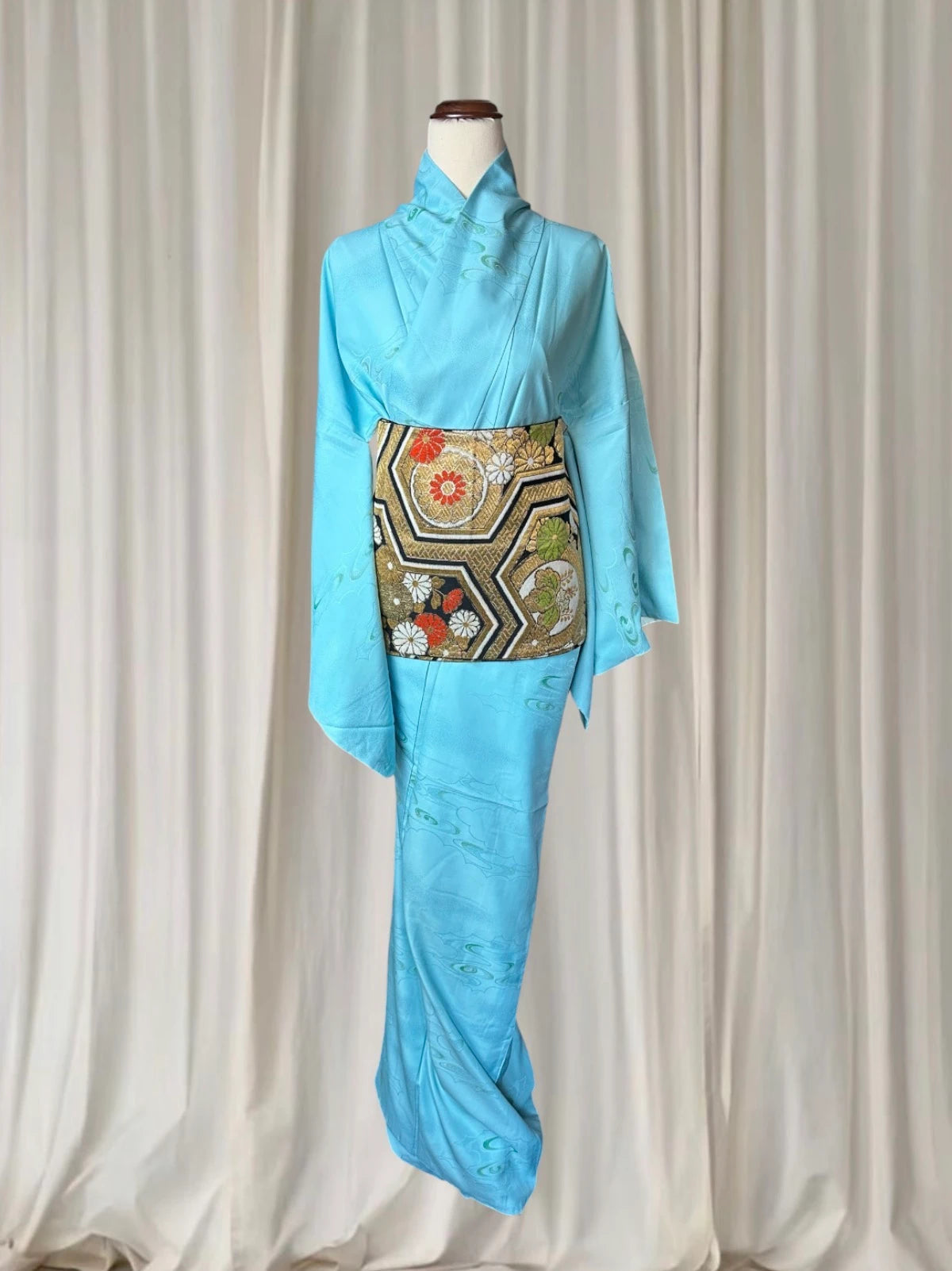Vintage Japanese Silk Kimono - Traditional Light Blue With Obi Belt - Image 1