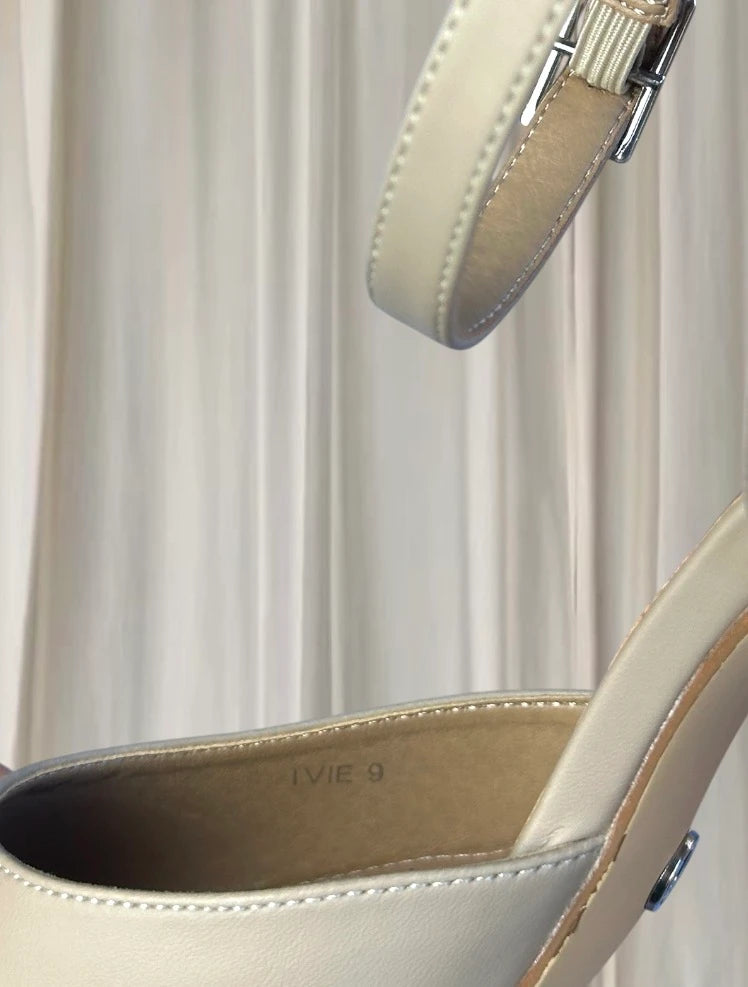 Novo Ivie Beige Pointed Toe Ankle Strap Block Heel Pumps AU 9  - Image 2