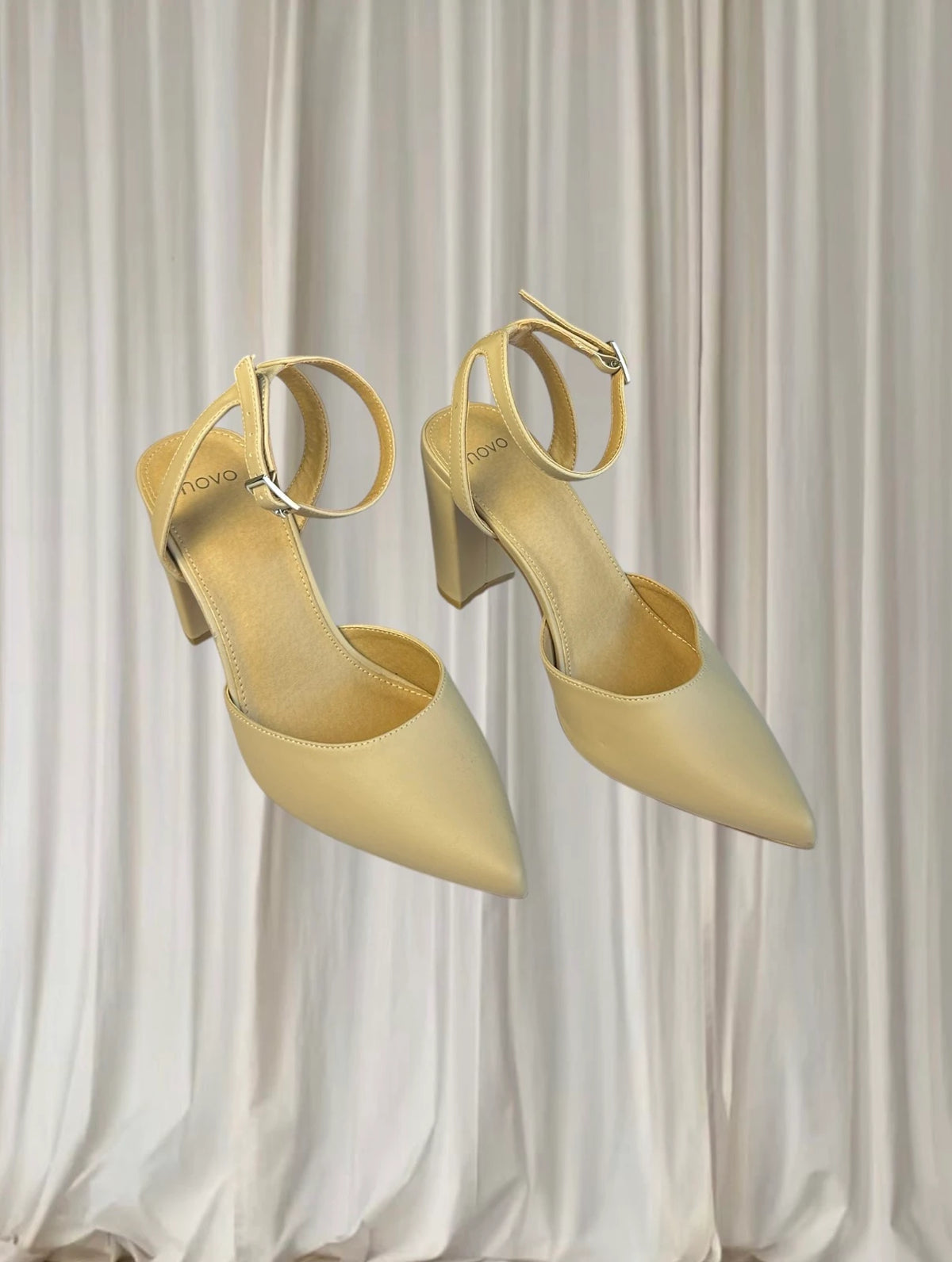 Novo Ivie Beige Pointed Toe Ankle Strap Block Heel Pumps AU 9  - Image 6