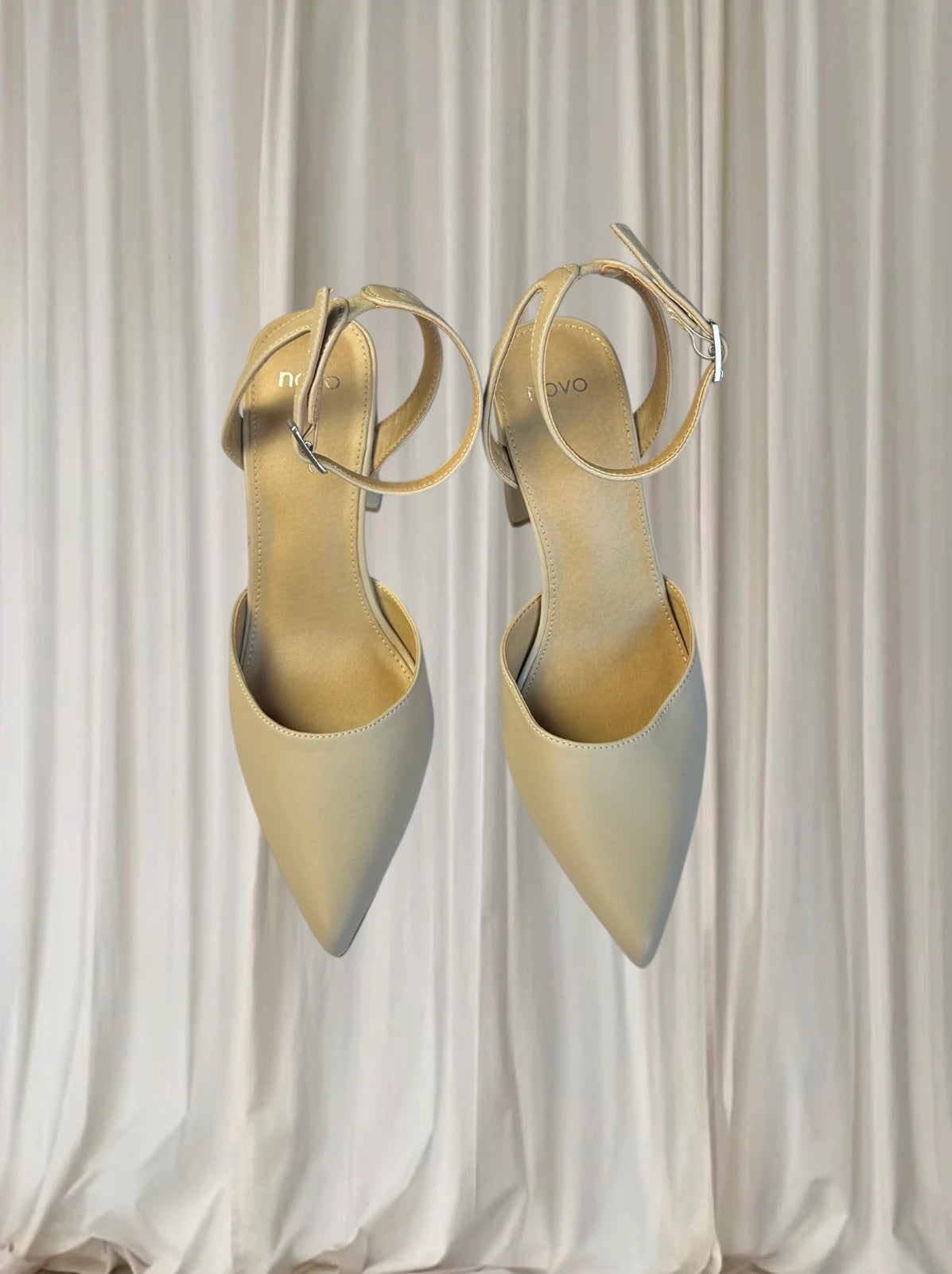 Novo Ivie Beige Pointed Toe Ankle Strap Block Heel Pumps AU 9  - Image 9