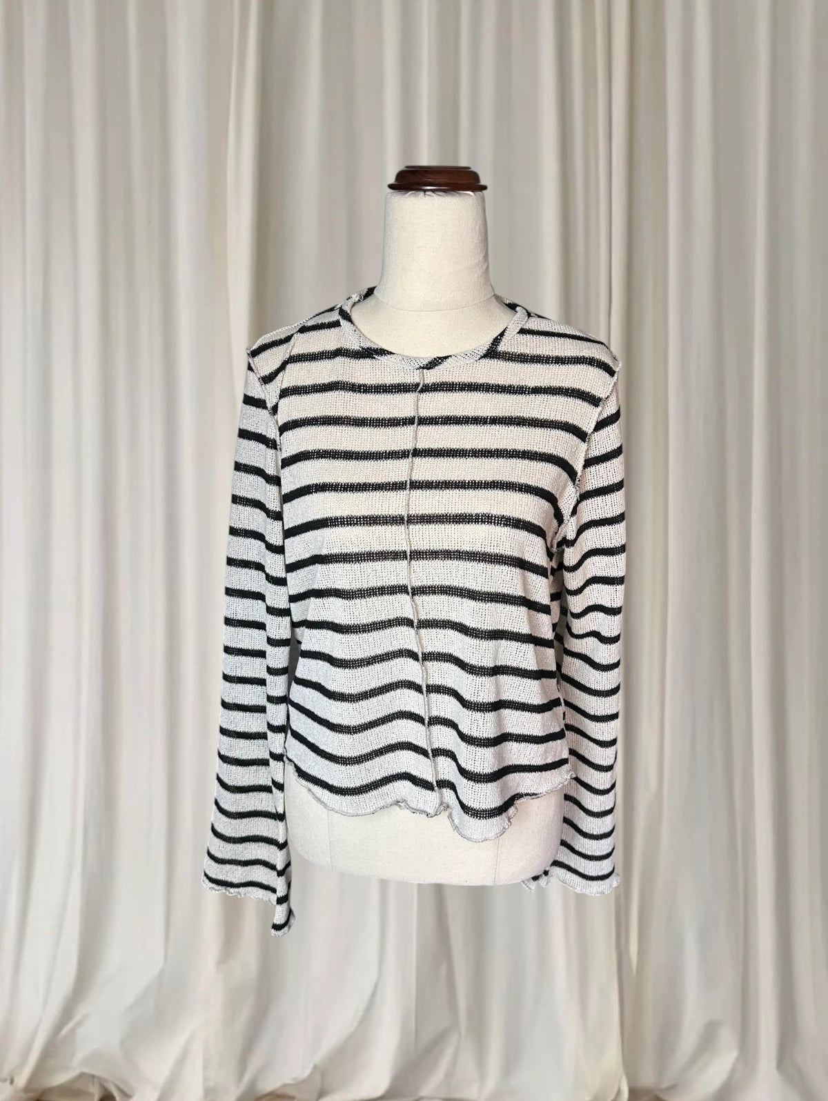 &Me Striped Raw Edge Knit Long Sleeve Top - Black And Cream - Image 2