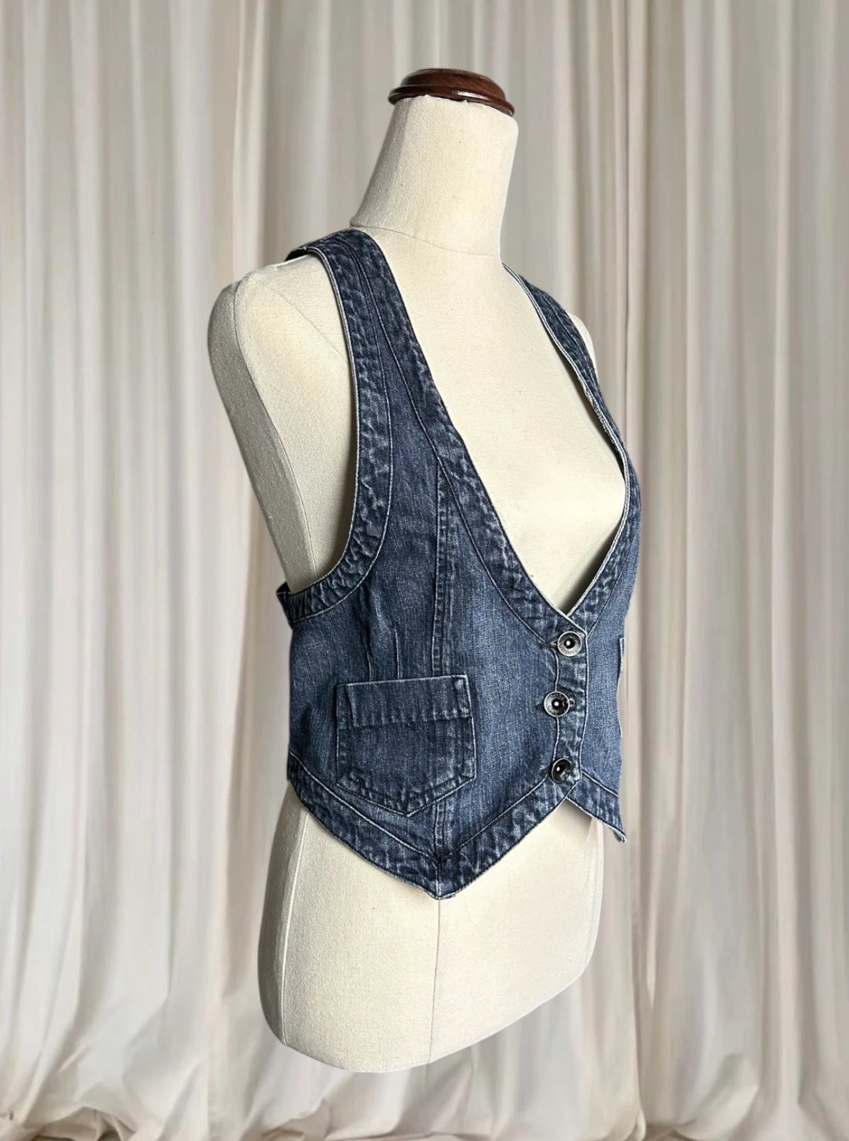 Vintage Denim Vest - Classic Dark Blue Tailored Waistcoat M - Image 3
