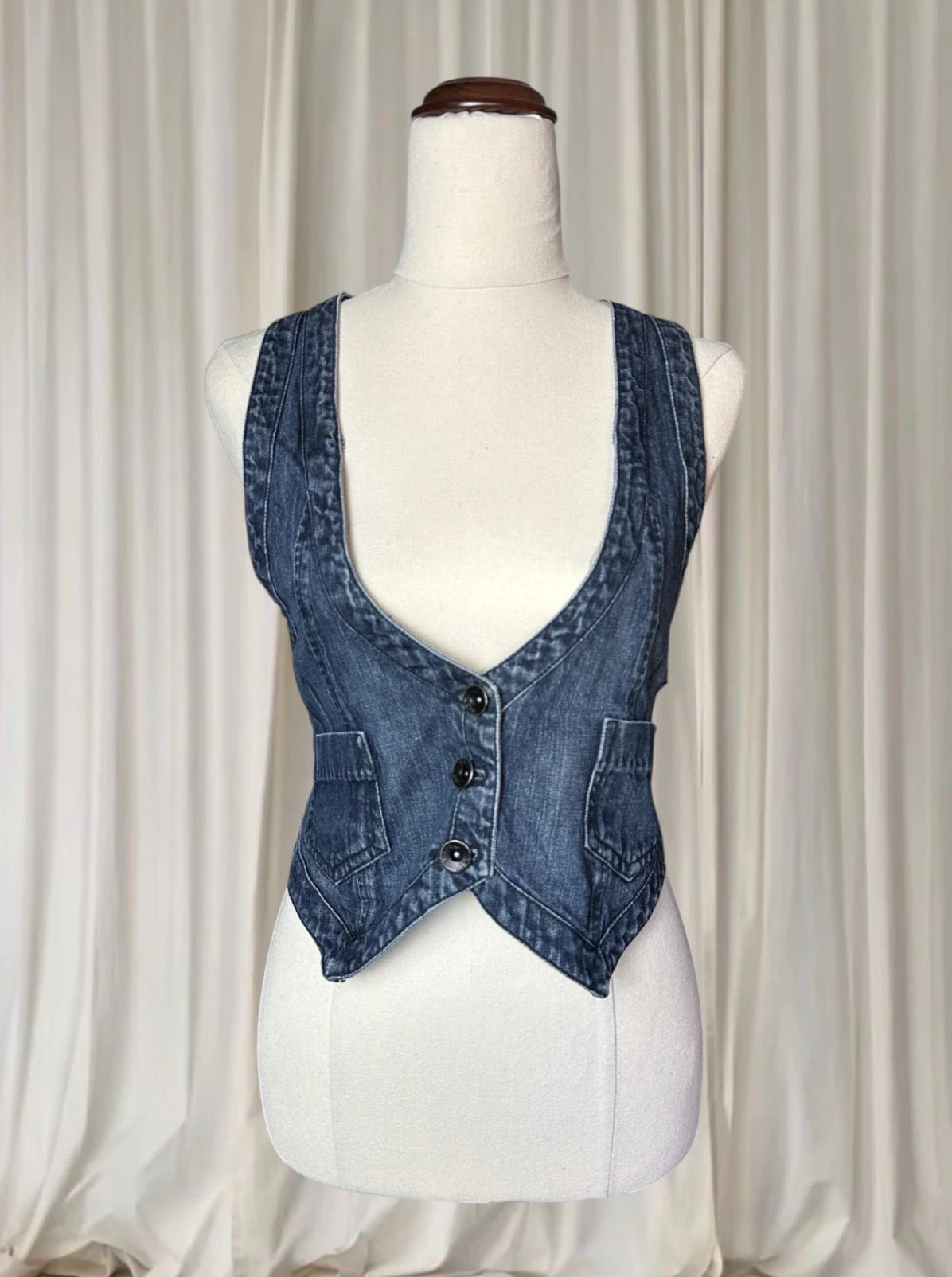 Vintage Denim Vest - Classic Dark Blue Tailored Waistcoat M - Image 2