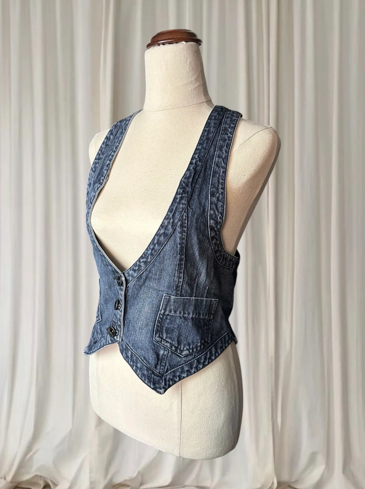 Vintage Denim Vest - Classic Dark Blue Tailored Waistcoat M - Image 4