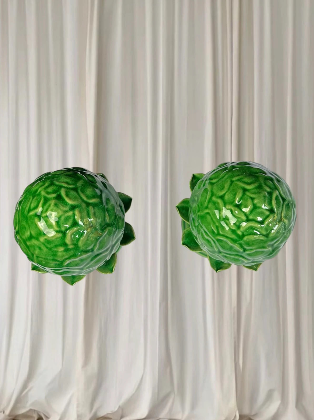 Italian Ceramic Pigna Artichoke Finial Statues - Set Of Two Green Home Decor - Image 3