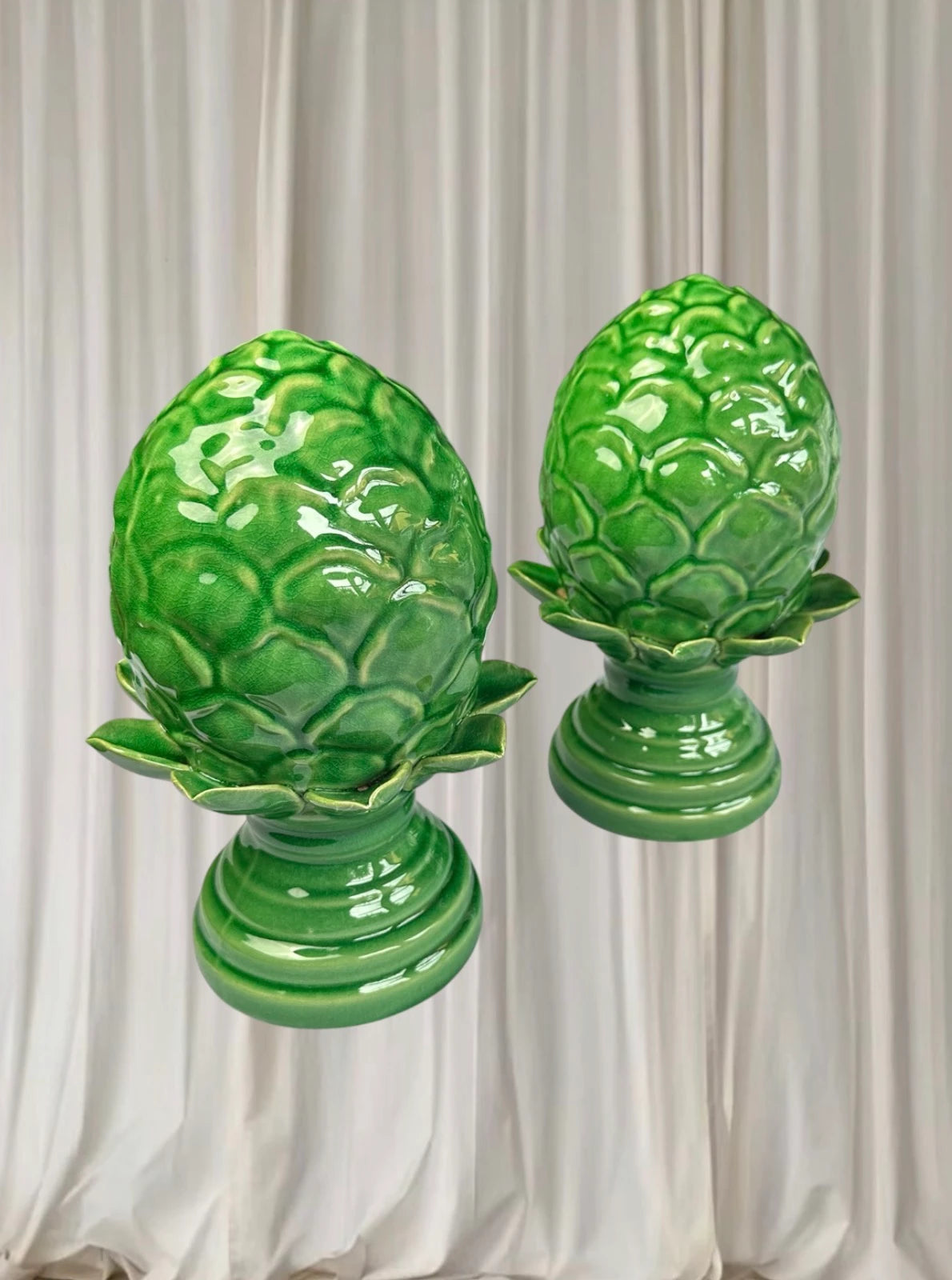 Italian Ceramic Pigna Artichoke Finial Statues - Set Of Two Green Home Decor - Image 2