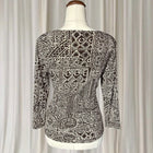 Vintage Boho Geometric Print V-Neck Blouse- Brown & White 3/4 Sleeve Blouse AU10 - Image 4