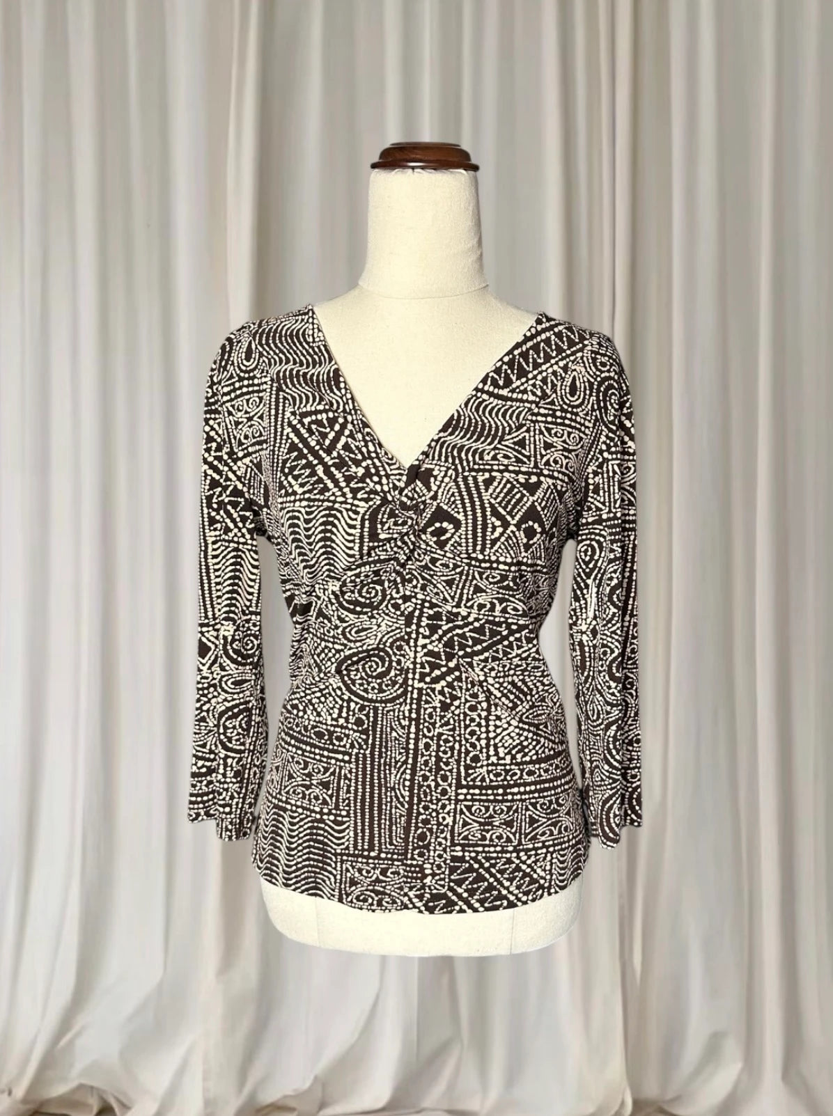 Vintage Boho Geometric Print V-Neck Blouse- Brown & White 3/4 Sleeve Blouse AU10 - Image 5