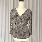 Vintage Boho Geometric Print V-Neck Blouse- Brown & White 3/4 Sleeve Blouse AU10 - Image 5