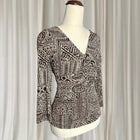 Vintage Boho Geometric Print V-Neck Blouse- Brown & White 3/4 Sleeve Blouse AU10 - Image 3
