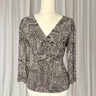 Vintage Boho Geometric Print V-Neck Blouse- Brown & White 3/4 Sleeve Blouse AU10 - Image 2