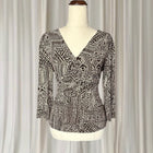 Vintage Boho Geometric Print V-Neck Blouse- Brown & White 3/4 Sleeve Blouse AU10 - Image 1