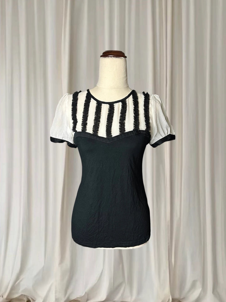 REVIEW Vintage Striped Ruffle Detail Blouse - Black and White Puff Sleeve Top - Image 1