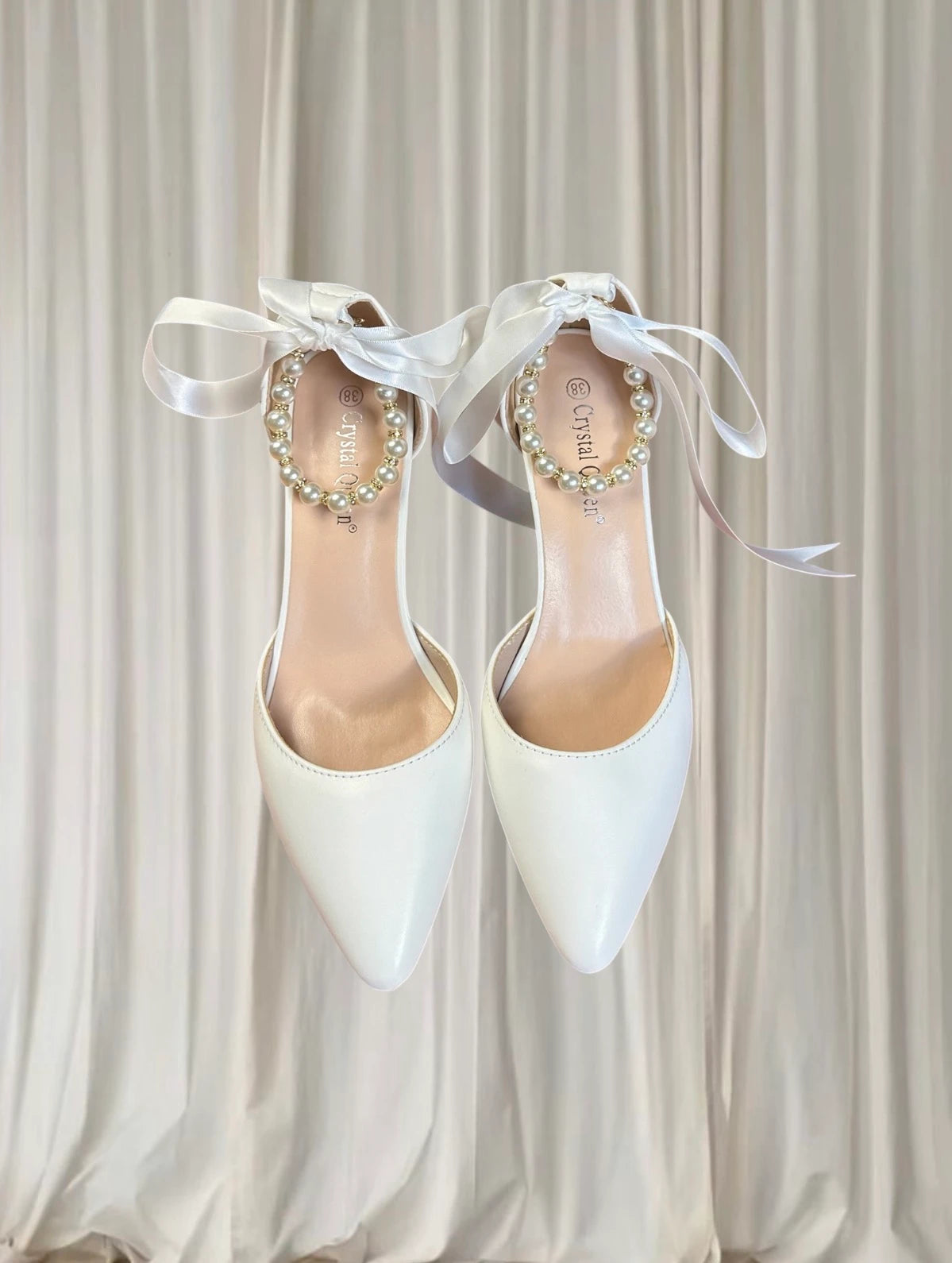 Crystal Queen White Pearl Ribbon Heels - Ankle Strap Pointed-Toe Heels 38 - Image 3