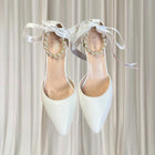 Crystal Queen White Pearl Ribbon Heels - Ankle Strap Pointed-Toe Heels 38 - Image 3