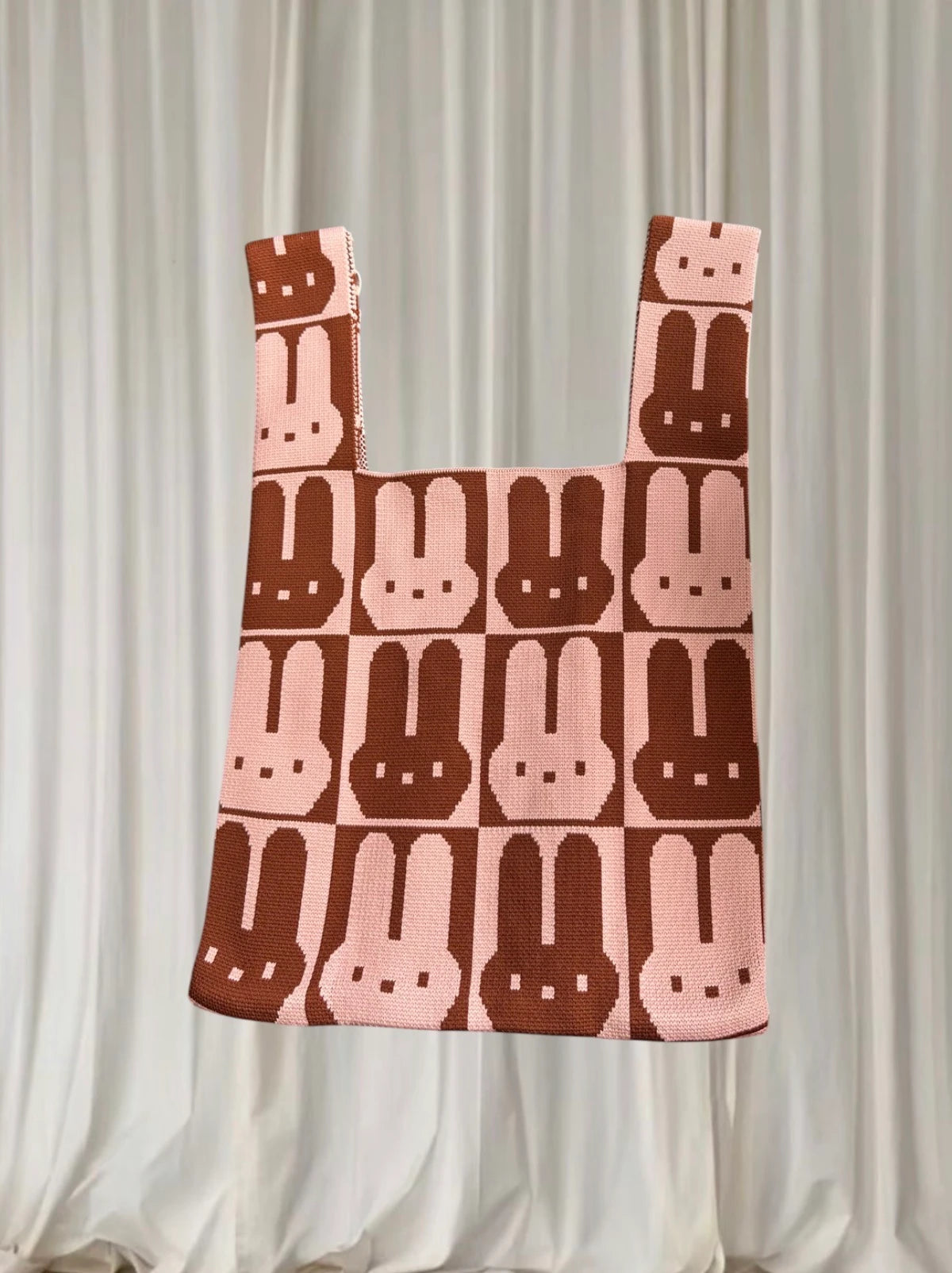 D.Kelly Japan Rabbit Bunny Knit Tote Bag - Pink and Brown Checkerboard. Miffy Style - Image 6