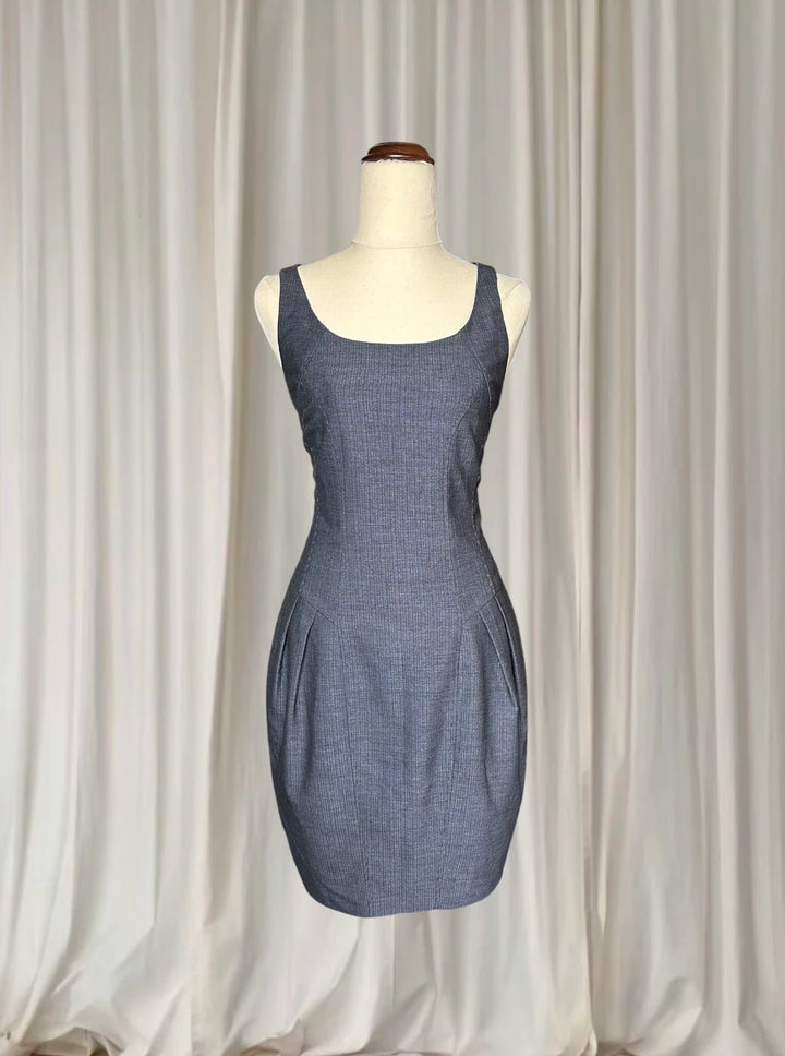Grey Pinstripe Sleeveless Sheath Dress - Tailored Office Wear AU8 - Image 1
