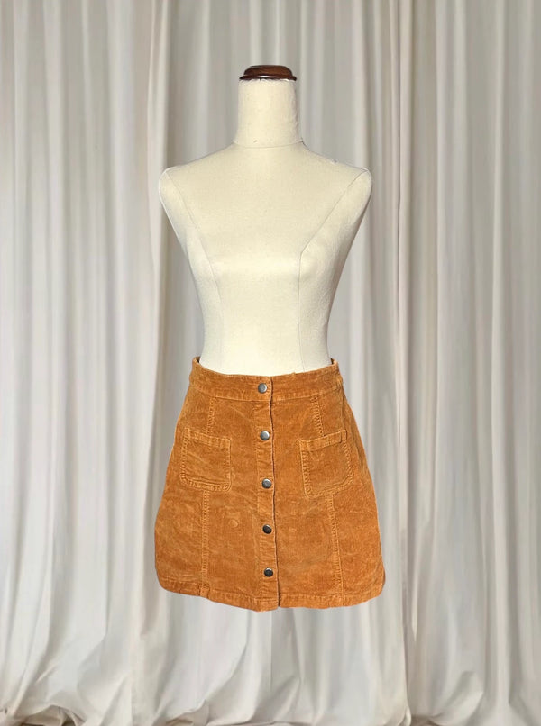 Corduroy Mini Skirt - Button-Front Brown Cotton Staple Vintage Style AU10 - Image 1