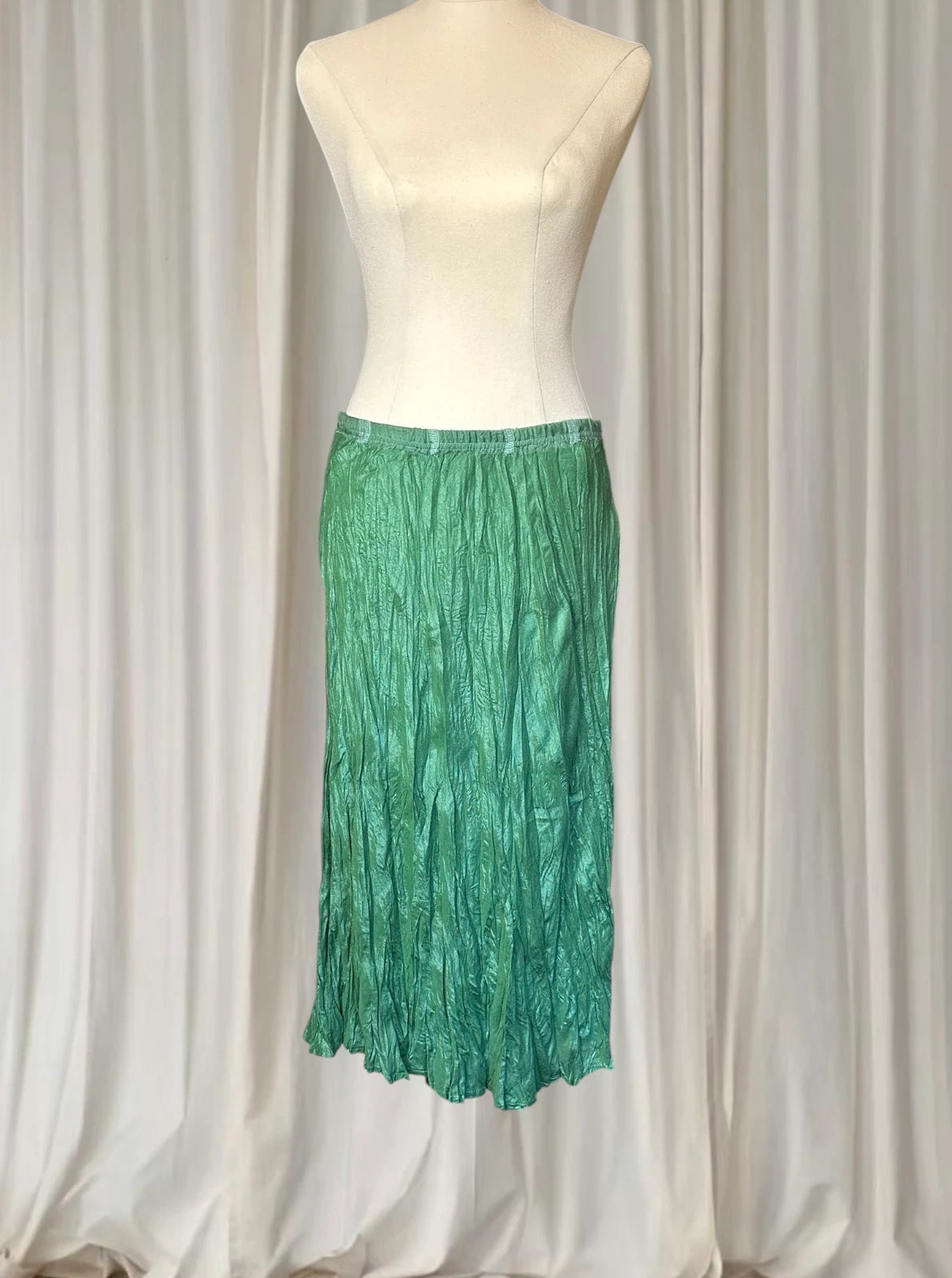 Vintage Silk Y2K Midi Skirt - Metallic Green Crinkle Plisse AU10 - Image 1