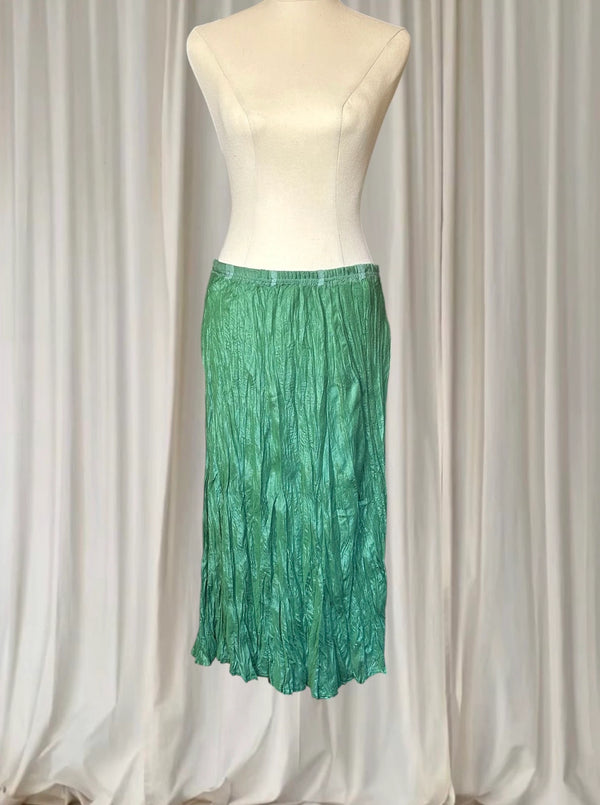 Vintage Silk Y2K Midi Skirt - Metallic Green Crinkle Plisse AU10 - Image 1