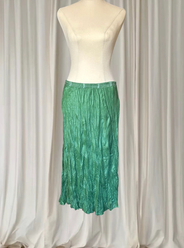 Vintage Silk Y2K Midi Skirt - Metallic Green Crinkle Plisse AU10 - Image 1