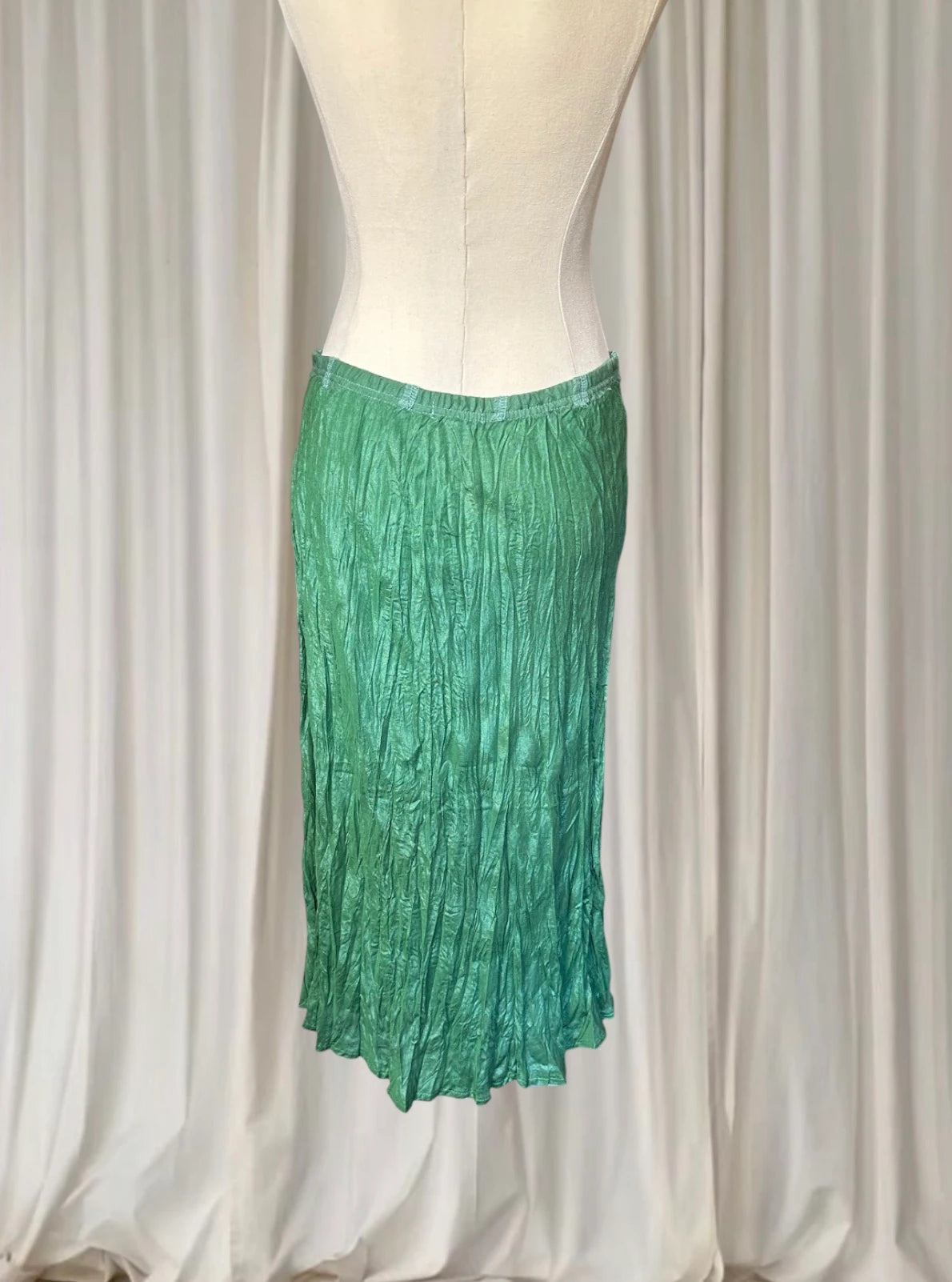 Vintage Silk Y2K Midi Skirt - Metallic Green Crinkle Plisse AU10 - Image 3