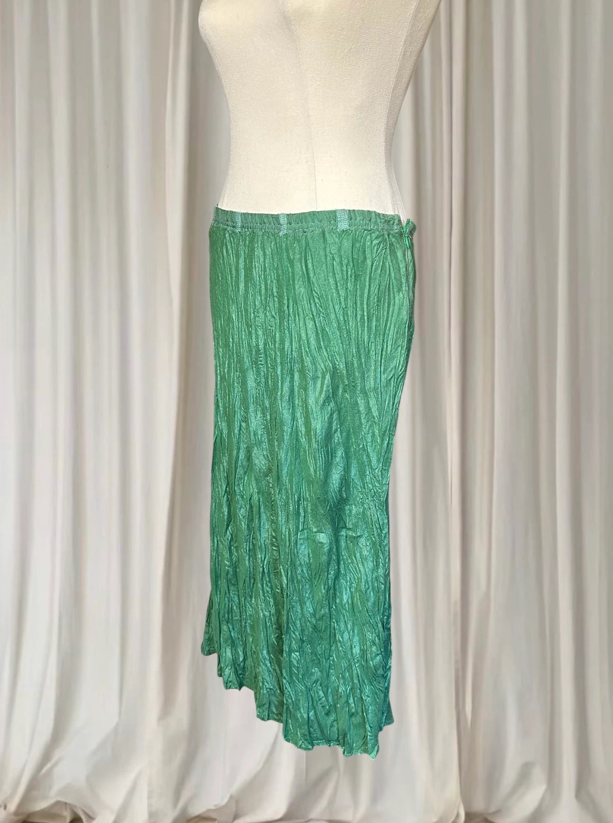 Vintage Silk Y2K Midi Skirt - Metallic Green Crinkle Plisse AU10 - Image 2