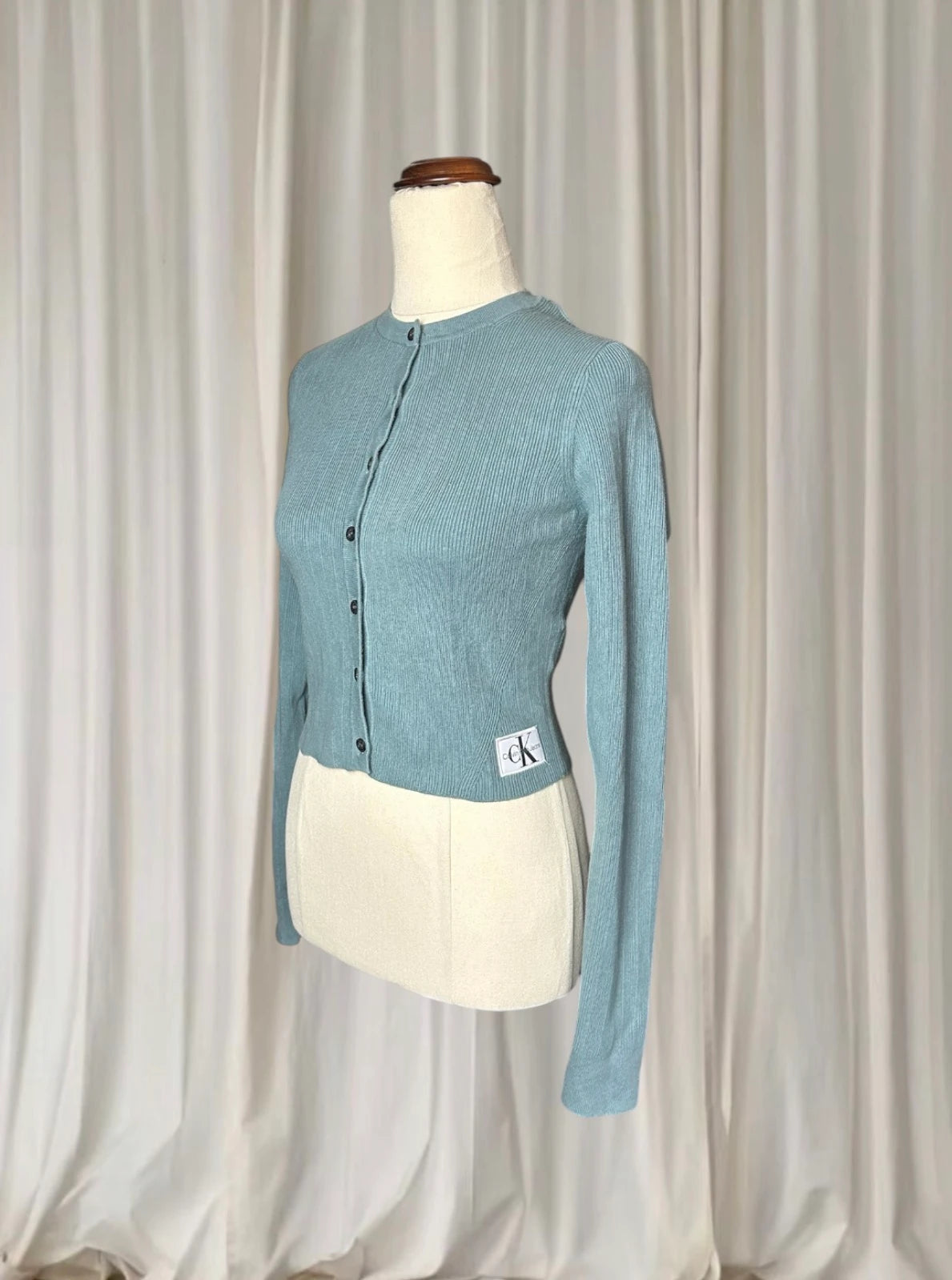 Calvin Klein Ribbed Button-Down Cardigan Long Sleeve - Blue Fitted Knit S - Image 4